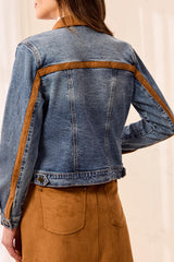 Suede Detail Zip Front Denim Jacket Moonlight