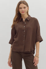 Solid 3/4 Cuff Sleeve Printed Trim Top Brown