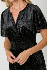 Flutter Sleeve Velvet Crystal Dress Black