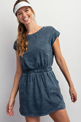 Short Sleeve Rounded Hem Elastic Waist Dress Slate Blue