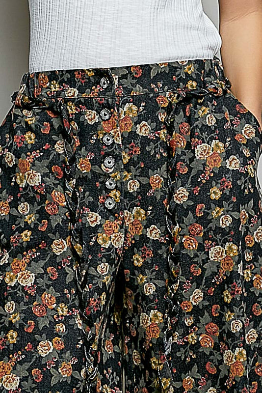 Jacquard Mini Rose Floral Braided Belt Pants Black Floral