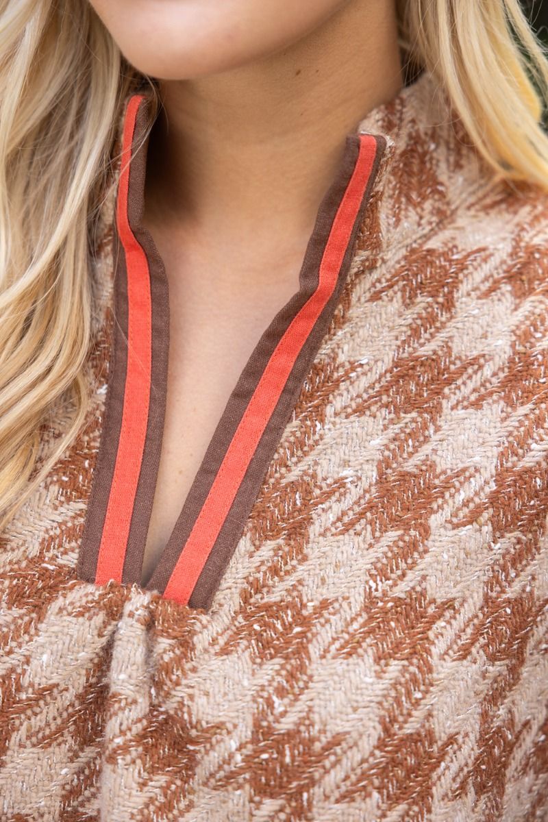 Stripe Denim Sleeve Houndstooth Tweed Top Brown