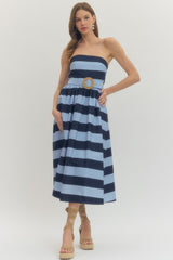 Strapless Belted Stripe Dress Navy