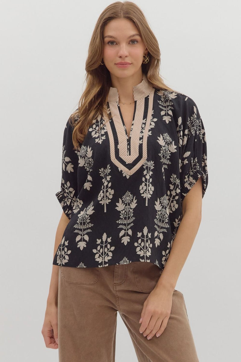 Abstract Botanical Contrast Accent Vneck Blouse Black