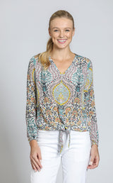 Vneck Tie Front Long Sleeve Top Green Multi