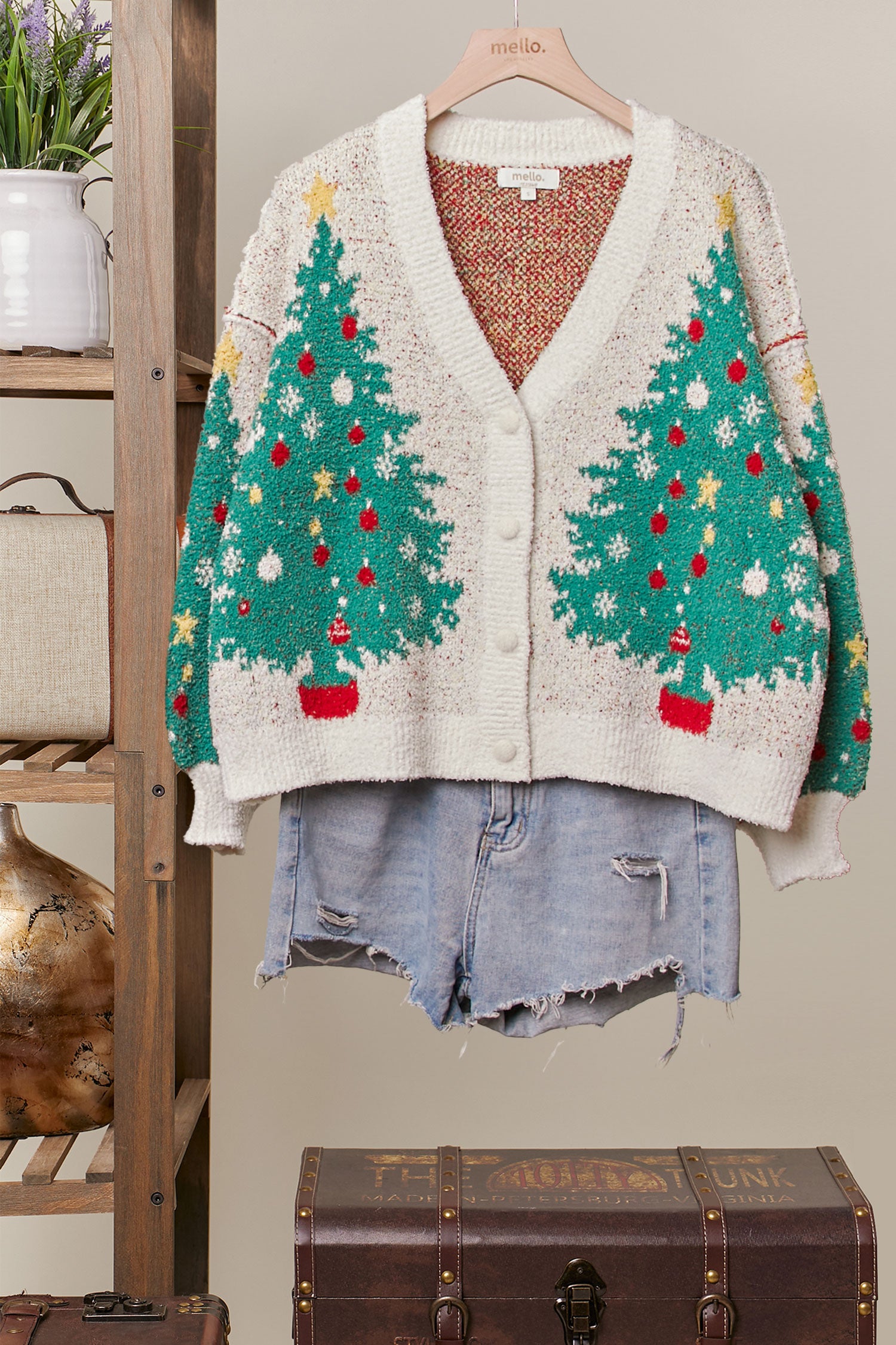 Christmas Tree Jacquard Knit Vneck Cardigan Multi