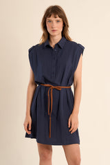Denim Belted Cap Sleeve Button Down Dress Navy Blue