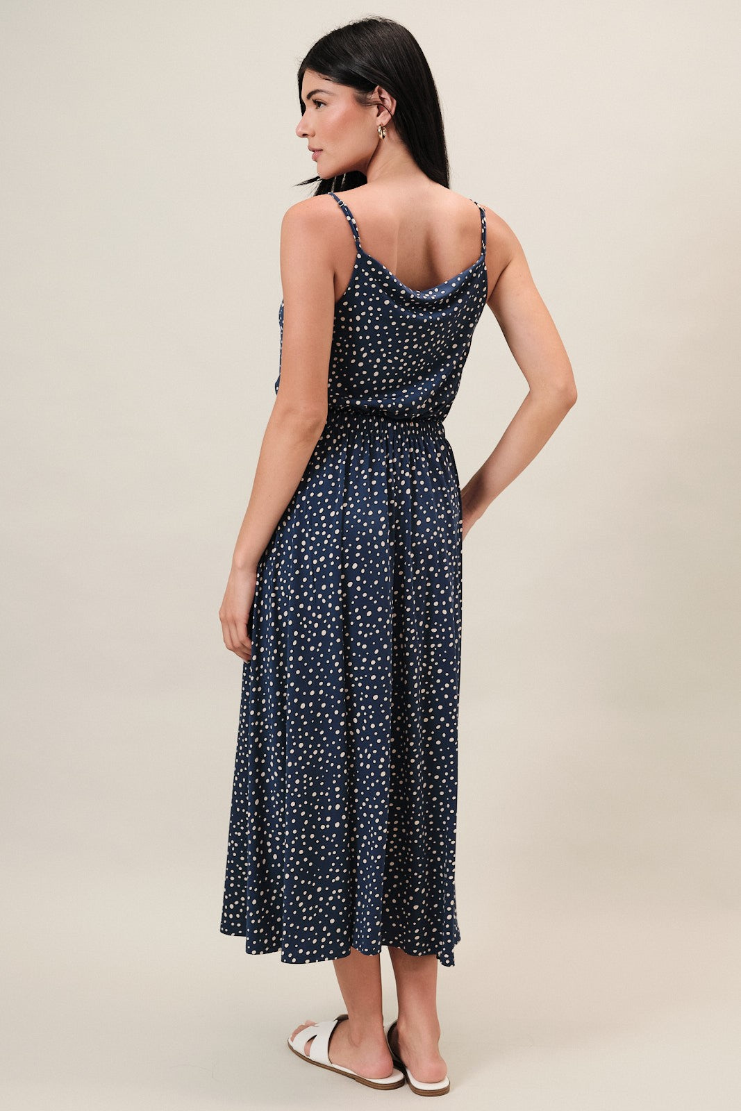 Cowl Neck Sleeveless Flare Dot Midi Dress Blue + Ivory