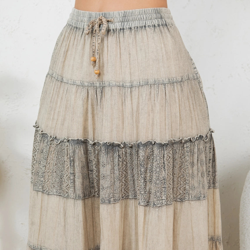 7 Tiered Crinkle Lace Patchwork Skirt Latte