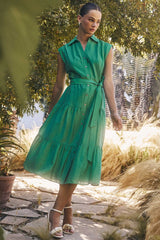 Button Down Tiered Midi Dress Green