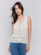 Button Front Crochet Vest Natural