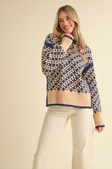 Mock Neck Plus Print Side Slit Pullover Sweater Navy Taupe