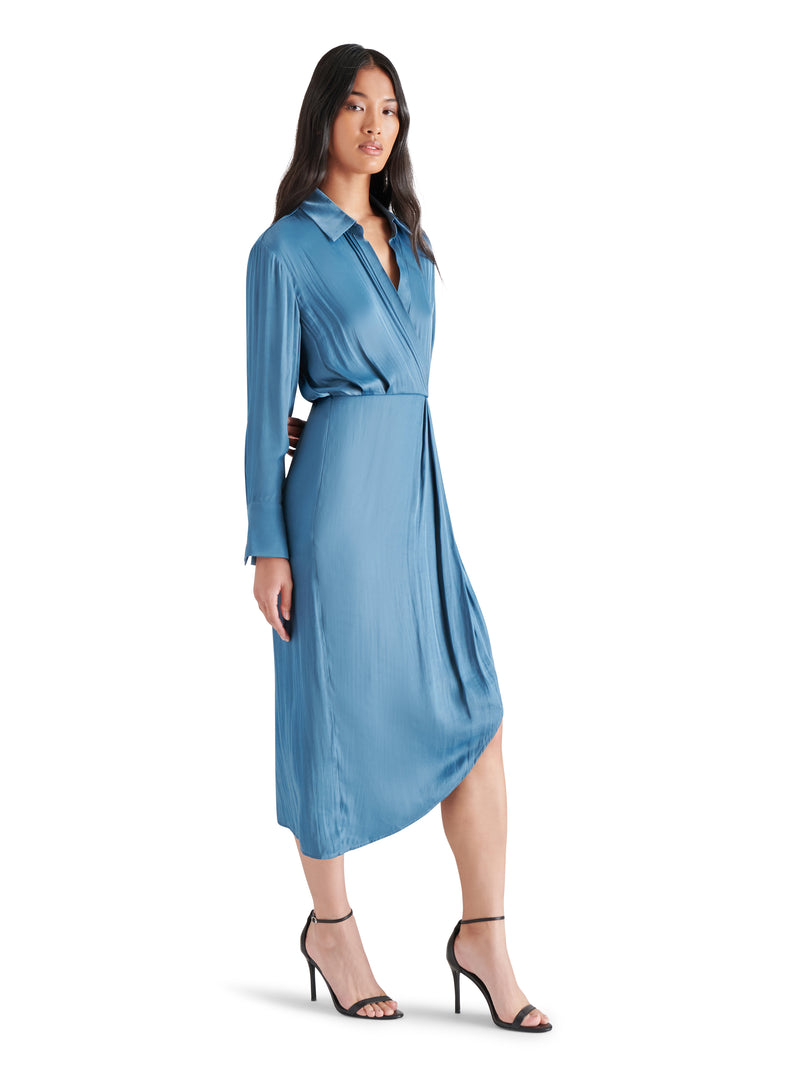 Martina Satin Wrap Collared Dress Ocean Blue