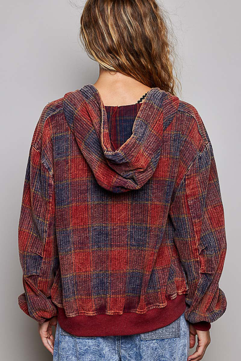Lace Detail Plaid Zip Up Hoodie Jacket Wine Multi