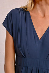 Pleat Detail Cap Sleeve Vneck Midi Dress Navy Blue