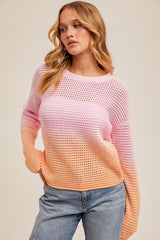 Ombre Open Knit Crew Neck Sweater Pink + Orange