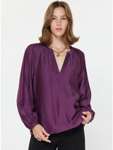 Long Sleeve Taped Vneck Satin Blouse Boysenberry
