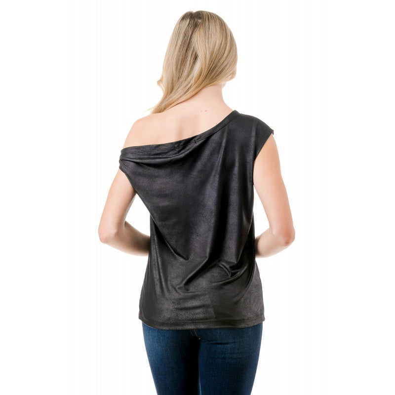 Boat Neck Off Shoulder Tank Black Leather