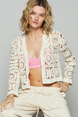 Cropped Vneck Crochet Cardigan Natural