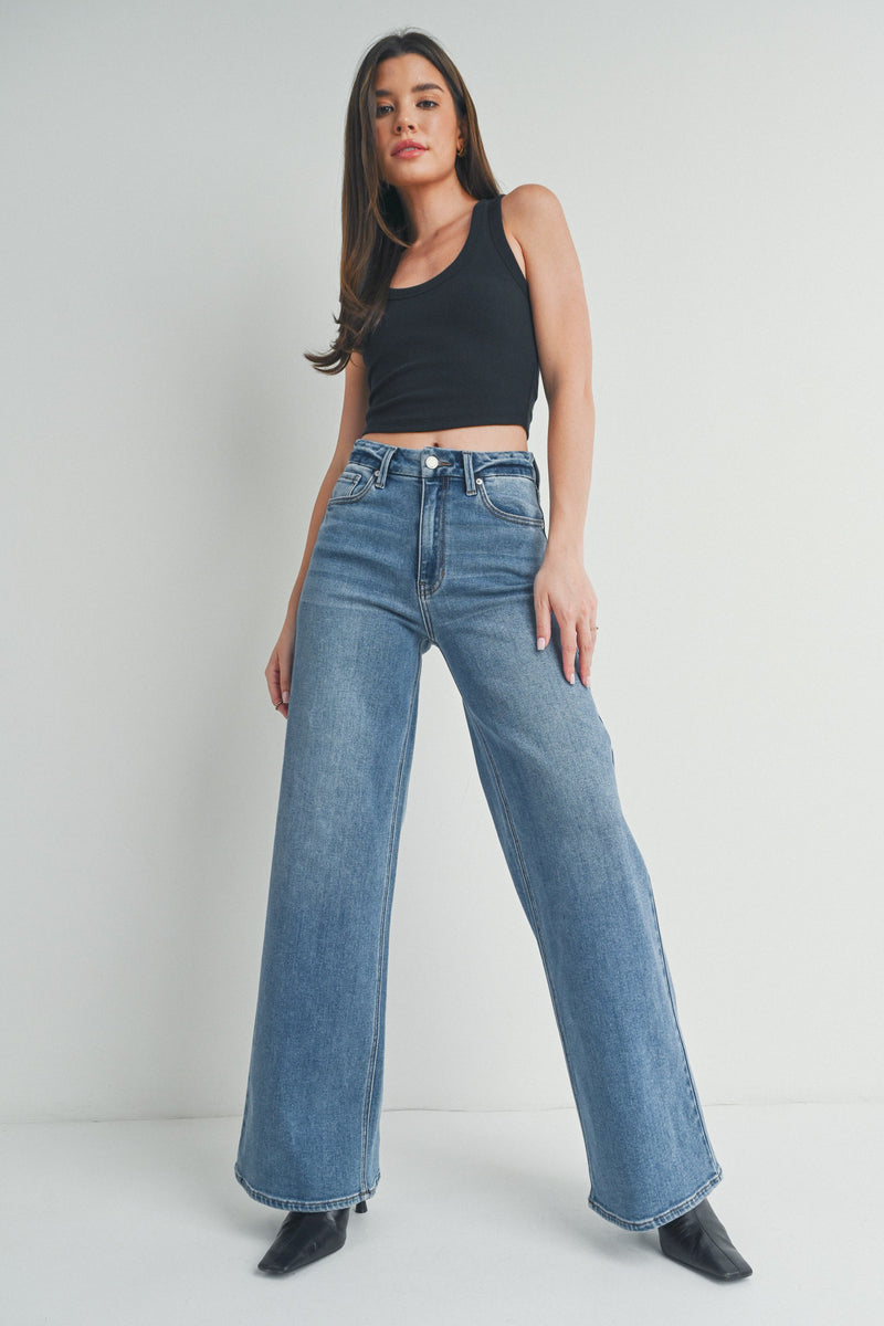 High Rise Palazzo Wide Leg Jeans Medium Denim