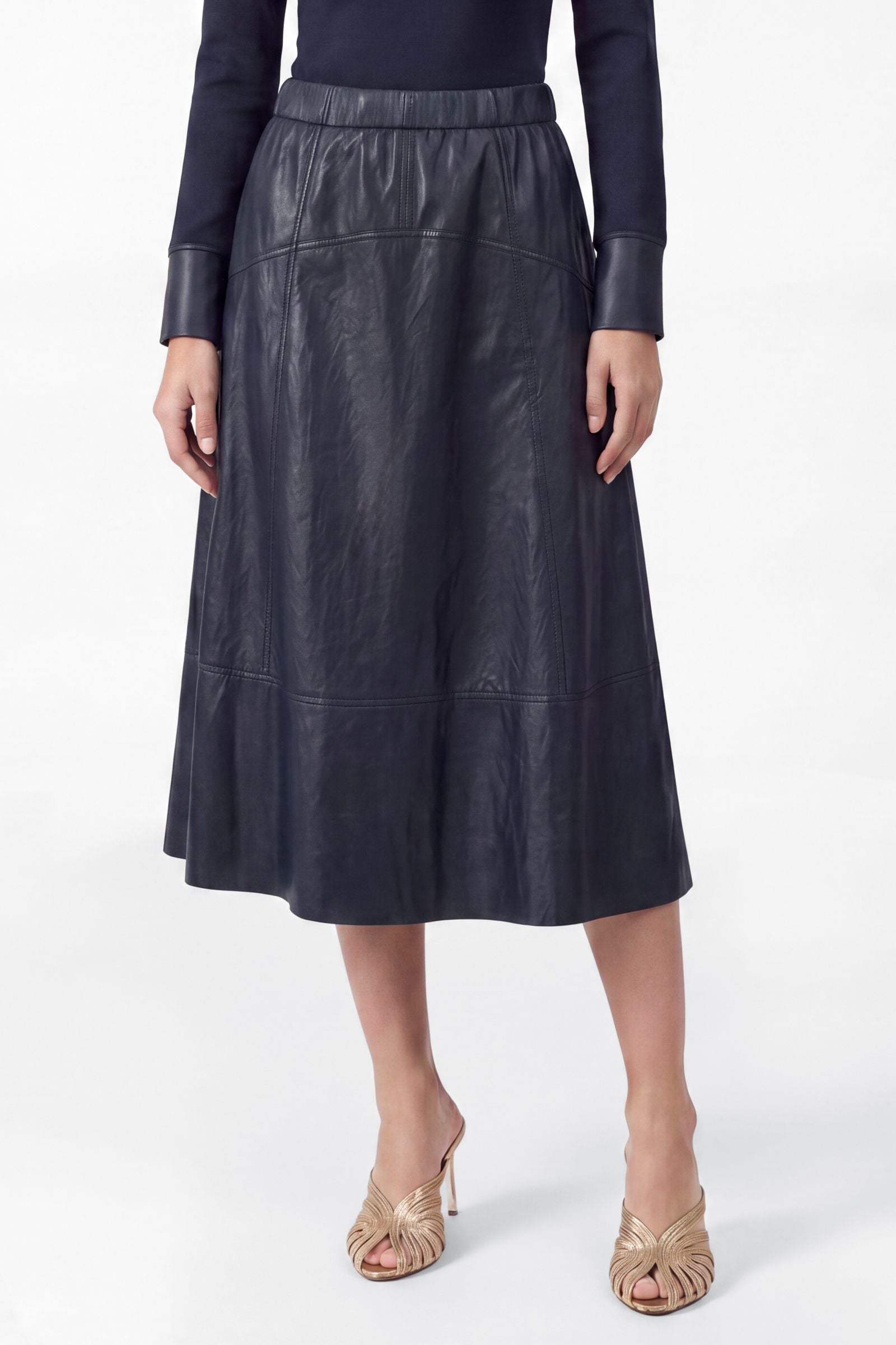 A-line Midi Leather Pull On Skirt Navy