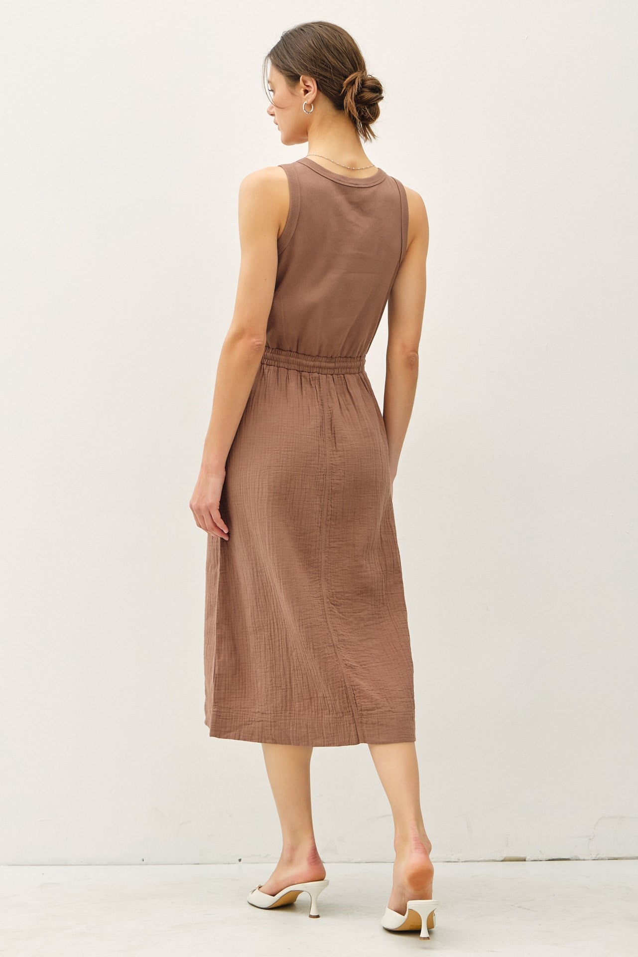 Cotton Tank Gauze Skirt Tie Waist Midi Dress Mocha
