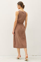Cotton Tank Gauze Skirt Tie Waist Midi Dress Mocha