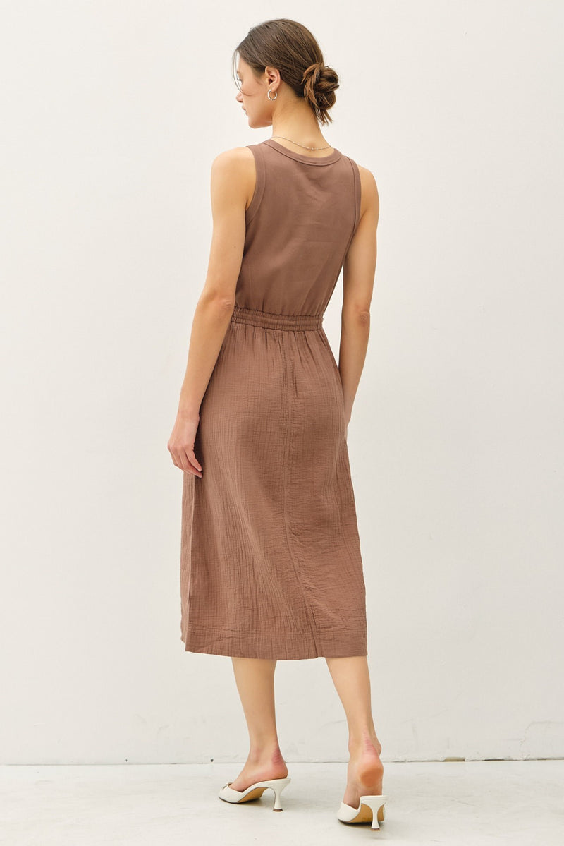 Cotton Tank Gauze Skirt Tie Waist Midi Dress Mocha  Broadway in Stanley