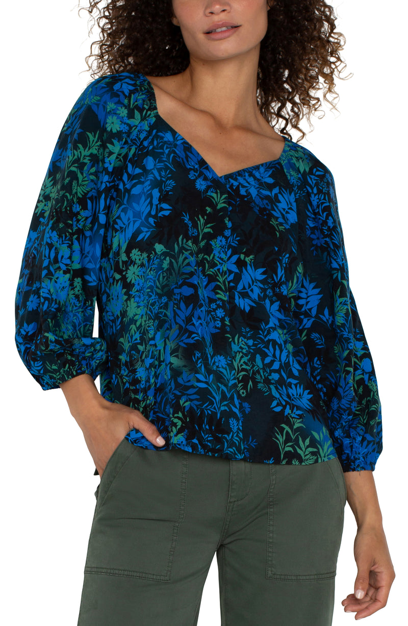 3/4 Sleeve Sweetheart Neck Woven Blouse Blue Topaz Multi