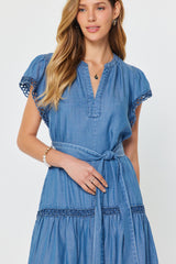 Crochet Edges Tiered Skirt Tie Belt Dress Chambray