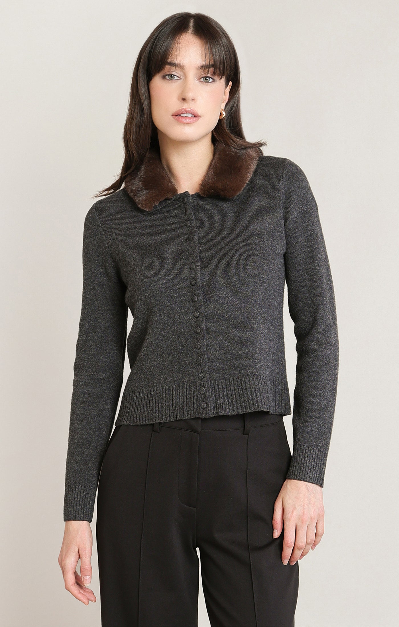 Fur Lapel Cardigan Charcoal Heather