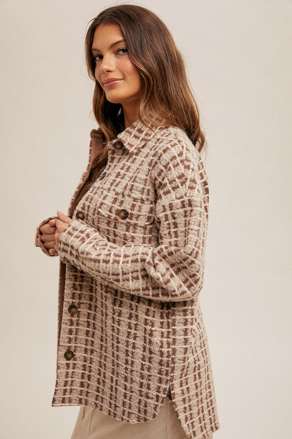 Boucle Textured Checker Print Shacket Coffee