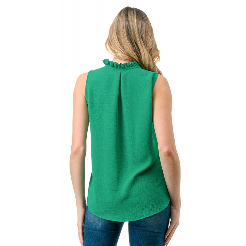 Crinkle Split Tie Neck Sleeveless Top Kelly Green