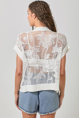 Embroidered Lace Hand Knit Short Sleeve Popover Off White
