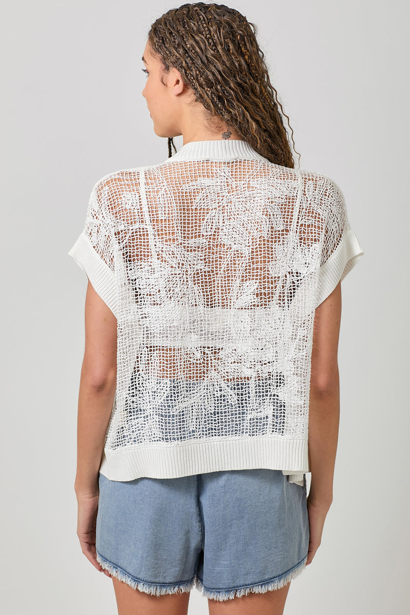 Embroidered Lace Hand Knit Short Sleeve Popover Off White