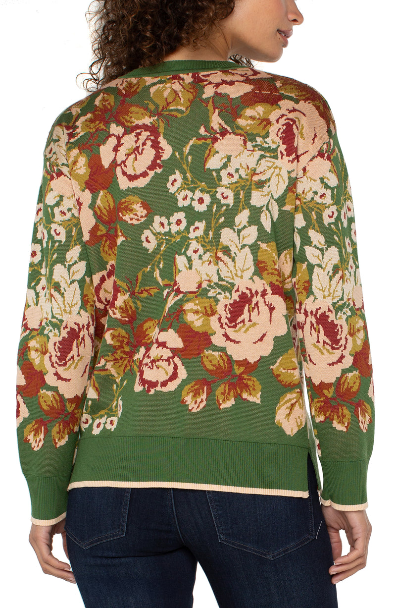 Floral Printed Long Sleeve Crew Neck Sweater Green Multi Floral