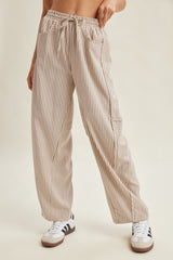 Striped Drawstring Seam Detail Pants Cream + Brown