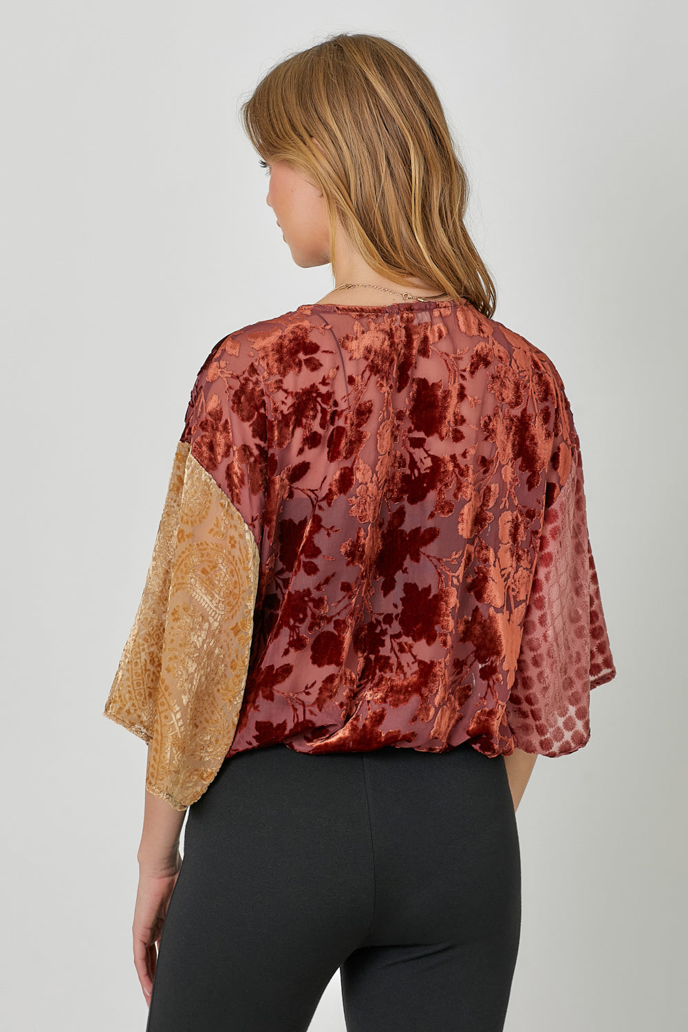 Mixed Print Kimono Sleeve Burnout Velvet Top Burgundy