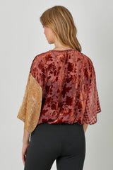 Mixed Print Kimono Sleeve Burnout Velvet Top Burgundy
