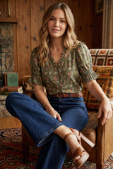 Short Sleeve Ruffle Neck Ditsy Floral Top Olive