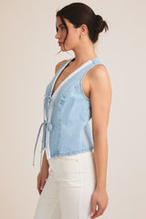 Lace Trim Tied Denim Vest Denim