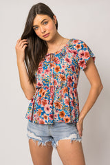 Round Neck Short Sleece Elastic Waist Floral Top Blue Multi