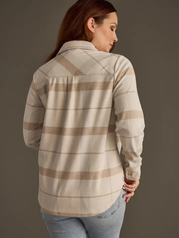 Button Up Plaid Shirt Tan, Brown + Light Blue