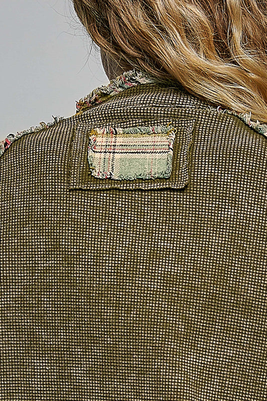 Thermal Plaid Sleeve Frayed Seams Jacket Olive