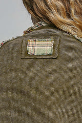 Thermal Plaid Sleeve Frayed Seams Jacket Olive