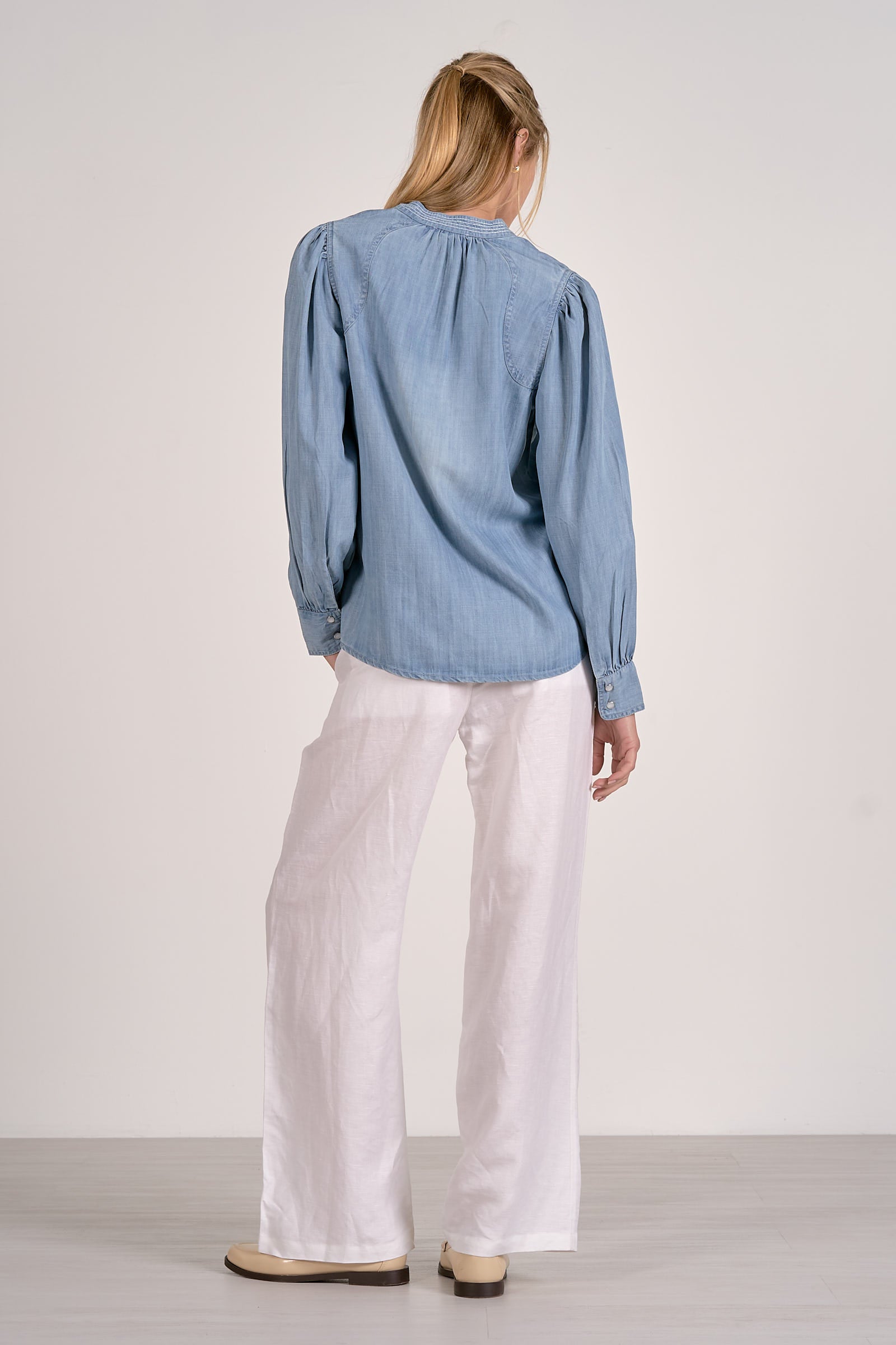 Tencel Cuffed Long Puff Sleeve Tied Top Blue