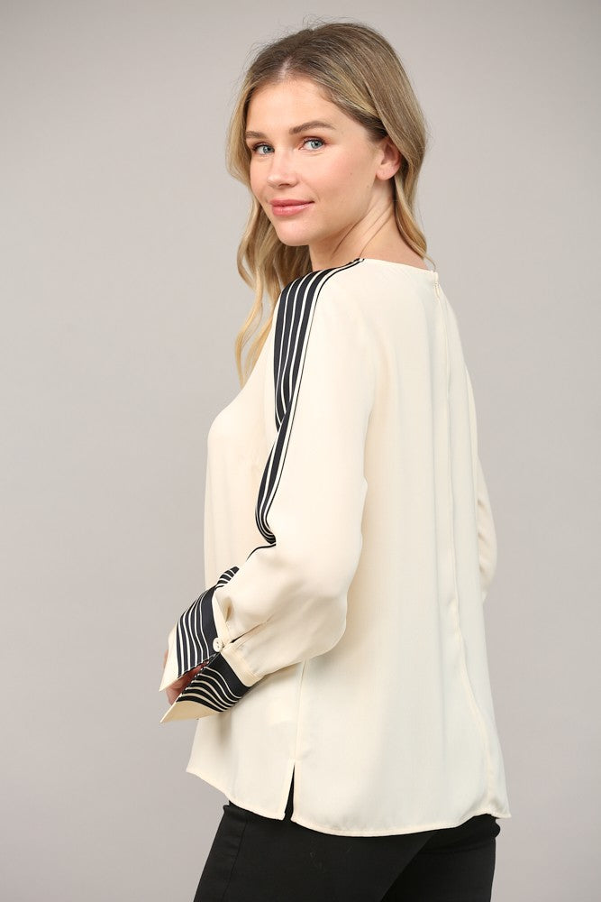 Contrast Stripe Detail Bell Sleeve Blouse Ivory