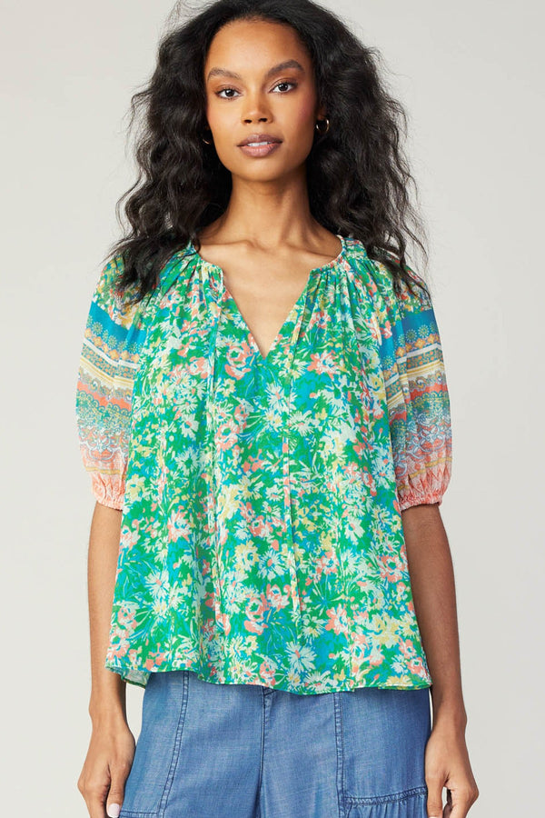 Floral Border Print Split Neck Half Sleeve Blouse Green Multi