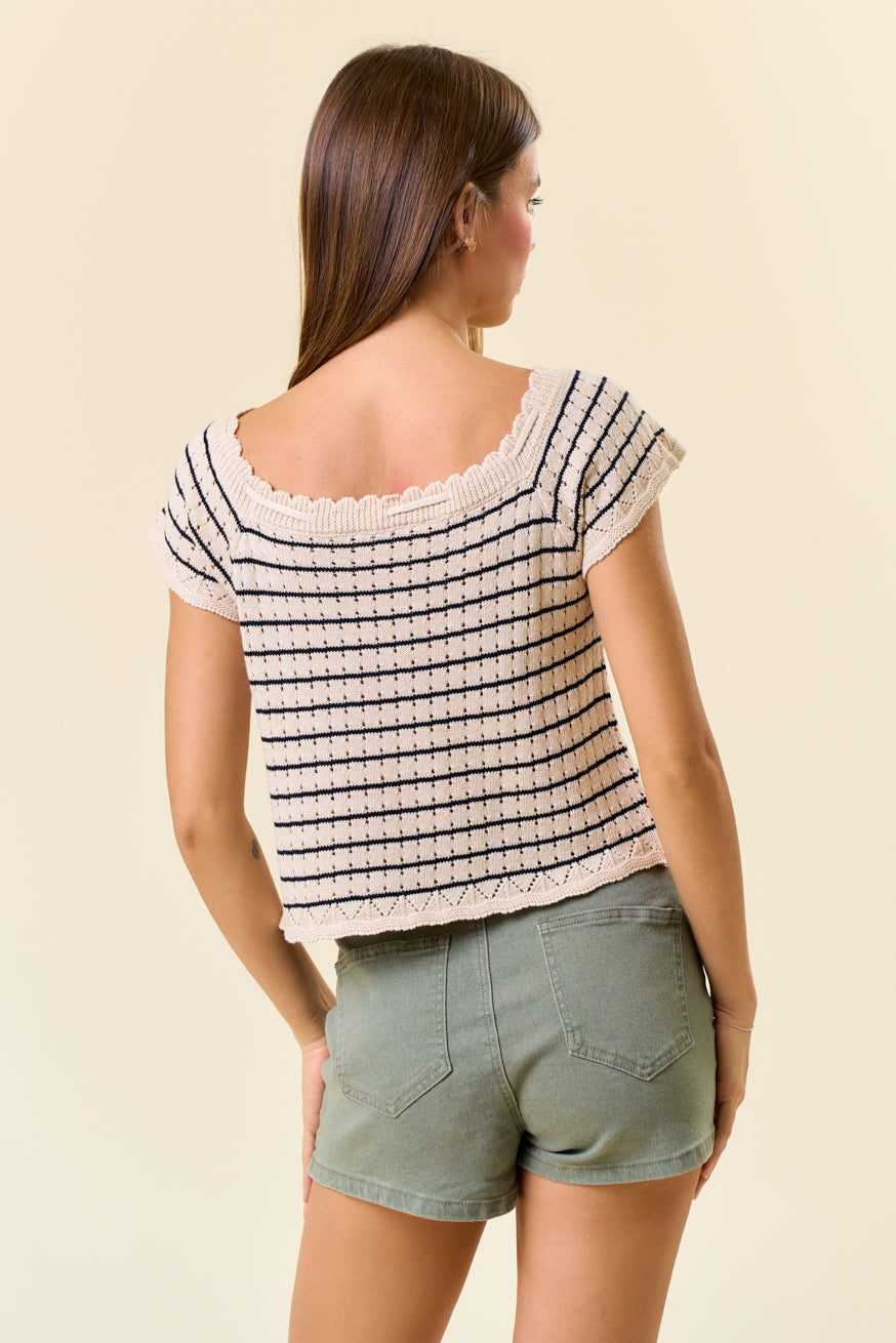 Striped Short Sleeve Sweater Tie Top Cream