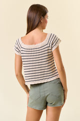 Striped Short Sleeve Sweater Tie Top Cream